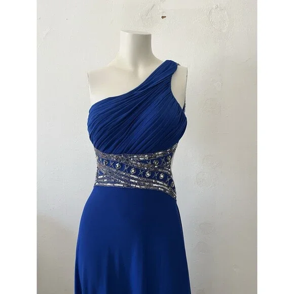 Betsy And Adam Beaded One Shoulder Floor Length Dress Gown 4 Blue Winter Holiday - Picture 6 of 13